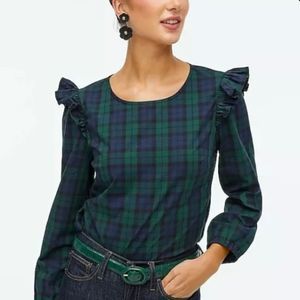 J. Crew 80's Retro Ruffle Black Watch Plaid Boxy Style Top
